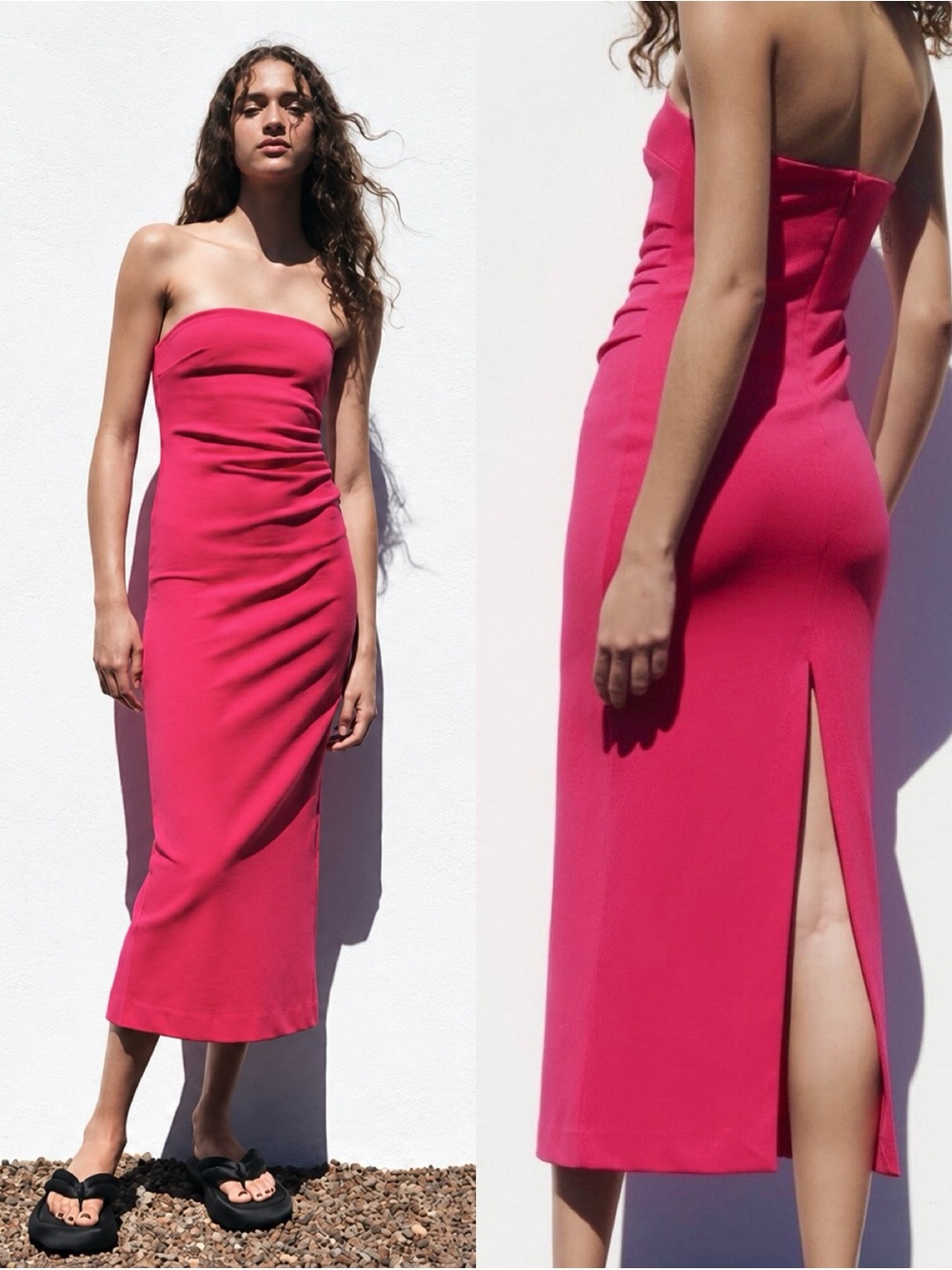 Zara Strapless Midi Dress in Bright Pink